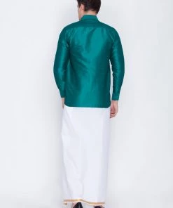 VASTRAMAY Men's Green Cotton Silk Blend Shirt And Mundu Set Rakhi