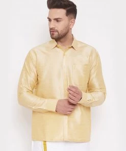 VASTRAMAY Men's Gold Silk Blend Ethnic Shirt