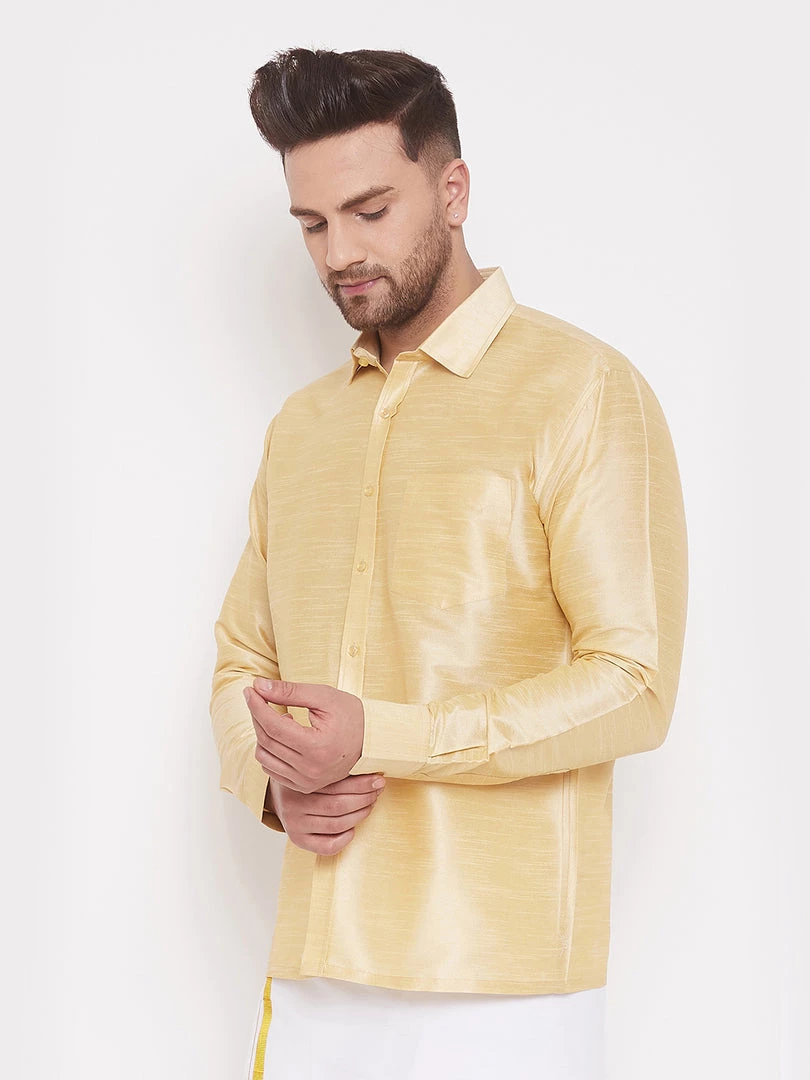 VASTRAMAY Men's Gold Silk Blend Ethnic Shirt 4 VASTRAMAY Men's Gold Silk Blend Ethnic Shirt
