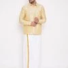 VASTRAMAY Men's Gold And White Silk Blend Shirt And Mundu Set 2 VASTRAMAY Men's Gold And White Silk Blend Shirt And Mundu Set