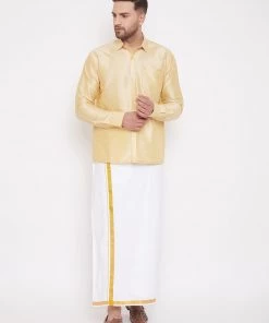 VASTRAMAY Men's Gold And White Silk Blend Shirt And Mundu Set