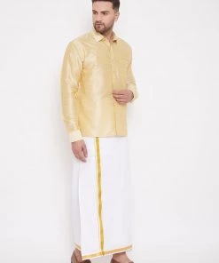 VASTRAMAY Men's Gold And White Silk Blend Shirt And Mundu Set