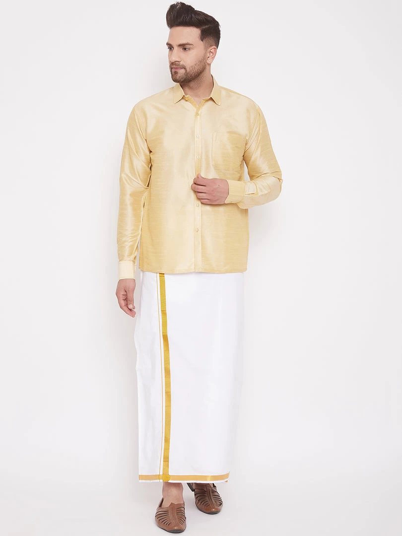 VASTRAMAY Men's Gold And White Silk Blend Shirt And Mundu Set 8 VASTRAMAY Men's Gold And White Silk Blend Shirt And Mundu Set