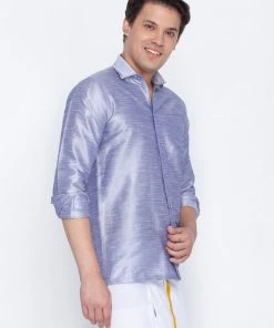 VASTRAMAY Men's Light Blue Silk Blend Ethnic Shirt