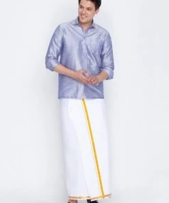 VASTRAMAY Men's Blue Cotton Silk Blend Shirt And Mundu Set