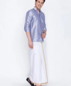 VASTRAMAY Men's Blue Cotton Silk Blend Shirt And Mundu Set