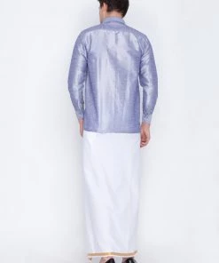 VASTRAMAY Men's Light Blue Silk Blend Ethnic Shirt