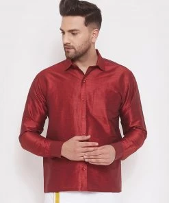 Vastramay Men's Maroon Silk Blend Ethnic Shirt