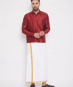 Vastramay Men's Maroon Silk Blend Ethnic Shirt