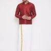 Vastramay Pongal Men's Maroon And White Silk Blend Shirt And Mundu Set