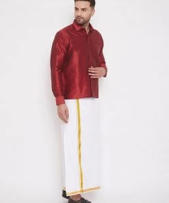 Vastramay Pongal Men's Maroon And White Silk Blend Shirt And Mundu Set