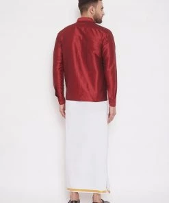 Vastramay Pongal Men's Maroon And White Silk Blend Shirt And Mundu Set