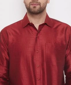 Vastramay Pongal Men's Maroon And White Silk Blend Shirt And Mundu Set