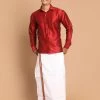 Ganesh Chaturthi VASTRAMAY Men's Maroon Silk Blend Shirt And Mundu Set