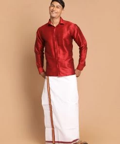 Ganesh Chaturthi VASTRAMAY Men's Maroon Silk Blend Shirt And Mundu Set