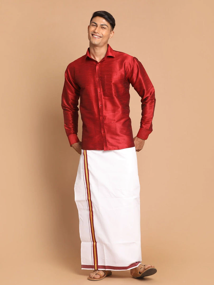 Ganesh Chaturthi VASTRAMAY Men's Maroon Silk Blend Shirt And Mundu Set 3 Ganesh Chaturthi VASTRAMAY Men's Maroon Silk Blend Shirt And Mundu Set
