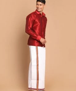 Ganesh Chaturthi VASTRAMAY Men's Maroon Silk Blend Shirt And Mundu Set