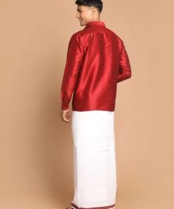 Ganesh Chaturthi VASTRAMAY Men's Maroon Silk Blend Shirt And Mundu Set 10 Ganesh Chaturthi VASTRAMAY Men's Maroon Silk Blend Shirt And Mundu Set