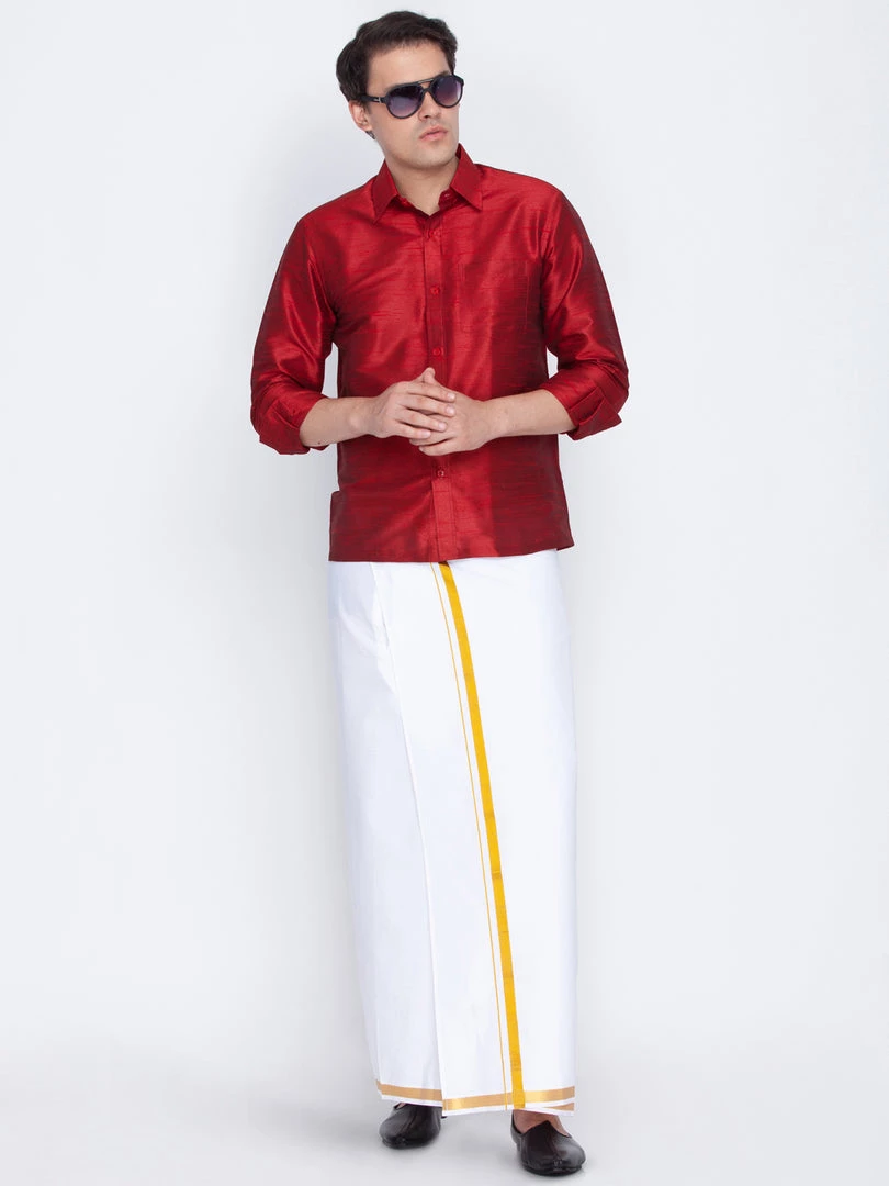 Vastramay Men's Maroon Cotton Silk Blend Shirt With Dhoti Rakhi 3 Vastramay Men's Maroon Cotton Silk Blend Shirt With Dhoti Rakhi