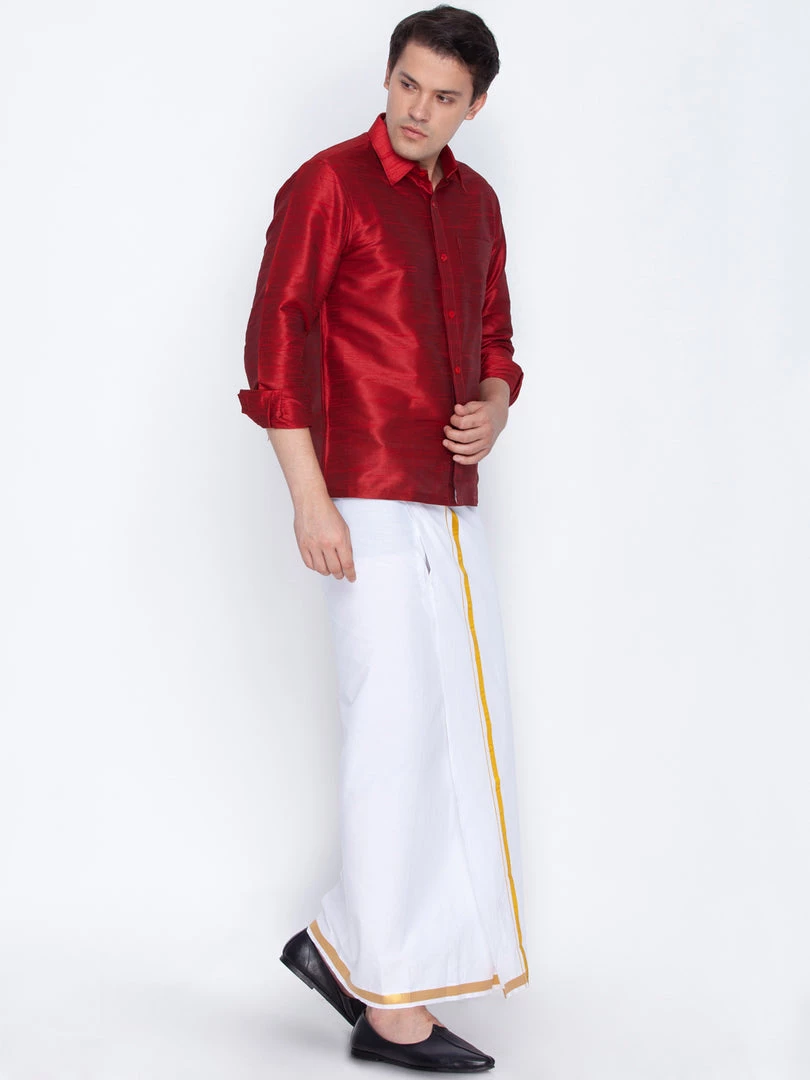 Vastramay Men's Maroon Cotton Silk Blend Shirt With Dhoti Rakhi 4 Vastramay Men's Maroon Cotton Silk Blend Shirt With Dhoti Rakhi