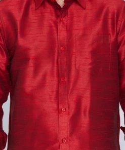 Vastramay Men's Maroon Cotton Silk Blend Shirt With Dhoti Rakhi 10 Vastramay Men's Maroon Cotton Silk Blend Shirt With Dhoti Rakhi