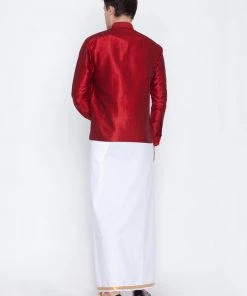 Vastramay Men's Maroon Cotton Silk Blend Shirt With Dhoti Rakhi 11 Vastramay Men's Maroon Cotton Silk Blend Shirt With Dhoti Rakhi