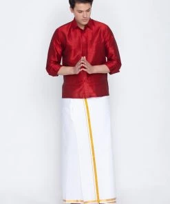 Vastramay Men's Maroon Cotton Silk Blend Shirt With Dhoti Rakhi 12 Vastramay Men's Maroon Cotton Silk Blend Shirt With Dhoti Rakhi