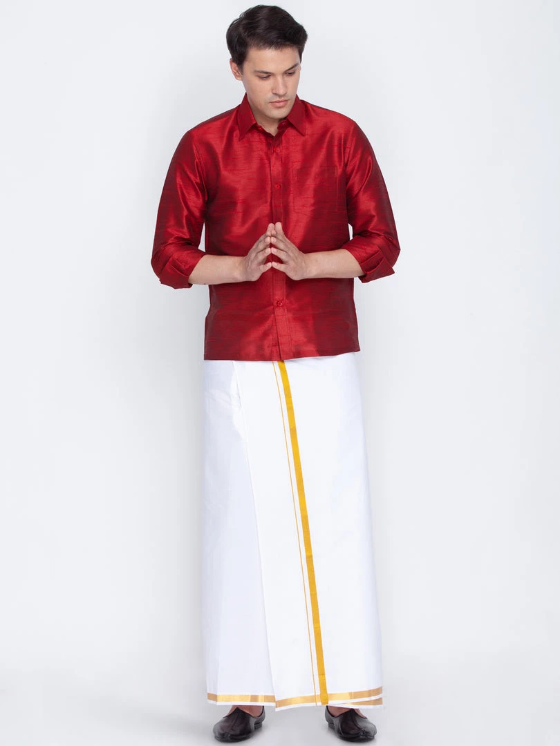 Vastramay Men's Maroon Cotton Silk Blend Shirt With Dhoti Rakhi 7 Vastramay Men's Maroon Cotton Silk Blend Shirt With Dhoti Rakhi