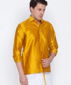 VASTRAMAY Men's Mustard Silk Blend Ethnic Shirt