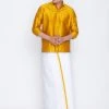 SALE VASTRAMAY Men's Yellow Cotton Silk Blend Shirt And Mundu Set 1 SALE VASTRAMAY Men's Yellow Cotton Silk Blend Shirt And Mundu Set