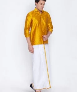 SALE VASTRAMAY Men's Yellow Cotton Silk Blend Shirt And Mundu Set
