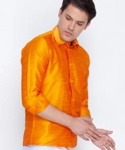 VASTRAMAY Men's Orange Silk Blend Ethnic Shirt