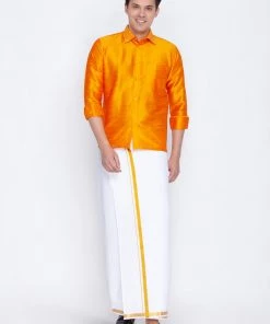 VASTRAMAY Men's Orange Silk Blend Ethnic Shirt