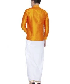 VASTRAMAY Men's Orange Cotton Silk Blend Shirt And Mundu Set