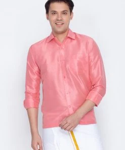 Vastramay Men's Pink Silk Blend Ethnic Shirt