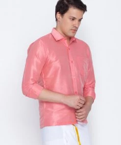 Vastramay Men's Pink Silk Blend Ethnic Shirt