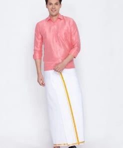 VASTRAMAY Men's Pink Cotton Silk Blend Shirt And Mundu Set