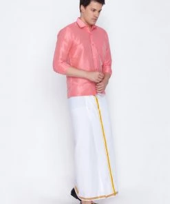 VASTRAMAY Men's Pink Cotton Silk Blend Shirt And Mundu Set