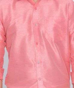 VASTRAMAY Men's Pink Cotton Silk Blend Shirt And Mundu Set 10 VASTRAMAY Men's Pink Cotton Silk Blend Shirt And Mundu Set