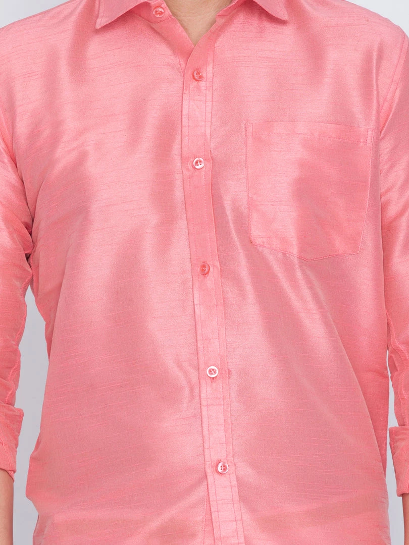 VASTRAMAY Men's Pink Cotton Silk Blend Shirt And Mundu Set 6 VASTRAMAY Men's Pink Cotton Silk Blend Shirt And Mundu Set