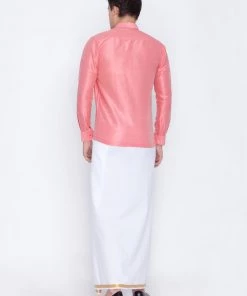 VASTRAMAY Men's Pink Cotton Silk Blend Shirt And Mundu Set 9 VASTRAMAY Men's Pink Cotton Silk Blend Shirt And Mundu Set