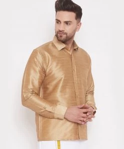 VASTRAMAY Men's Rose Gold Silk Blend Ethnic Shirt
