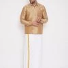 VASTRAMAY Men's Rose Gold & White Silk Blend Shirt And Mundu Set