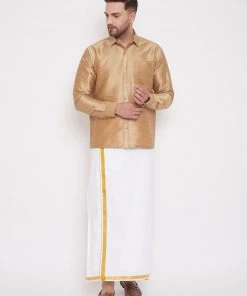 VASTRAMAY Men's Rose Gold & White Silk Blend Shirt And Mundu Set