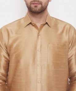 VASTRAMAY Men's Rose Gold & White Silk Blend Shirt And Mundu Set
