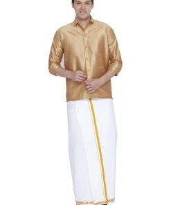 Vastramay Rakhi Men's Gold Cotton Silk Blend Shirt And Dhoti Set