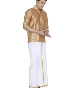 Vastramay Rakhi Men's Gold Cotton Silk Blend Shirt And Dhoti Set