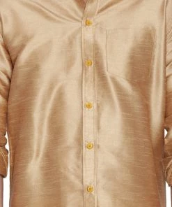 Vastramay Rakhi Men's Gold Cotton Silk Blend Shirt And Dhoti Set