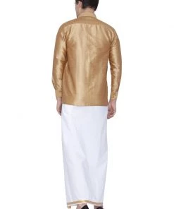 Vastramay Rakhi Men's Gold Cotton Silk Blend Shirt And Dhoti Set