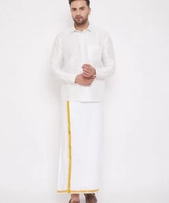 Vastramay Men's White Silk Blend Shirt And Mundu Set Pongal